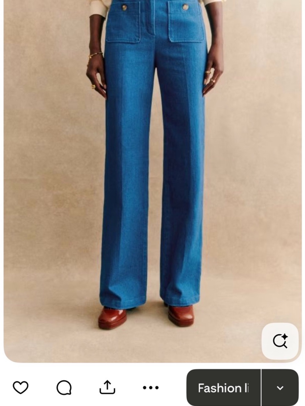 Sezane Dan Trouser Denim - Cyan/Blue High-Rise Wide-Leg, Patch pocket Jeans